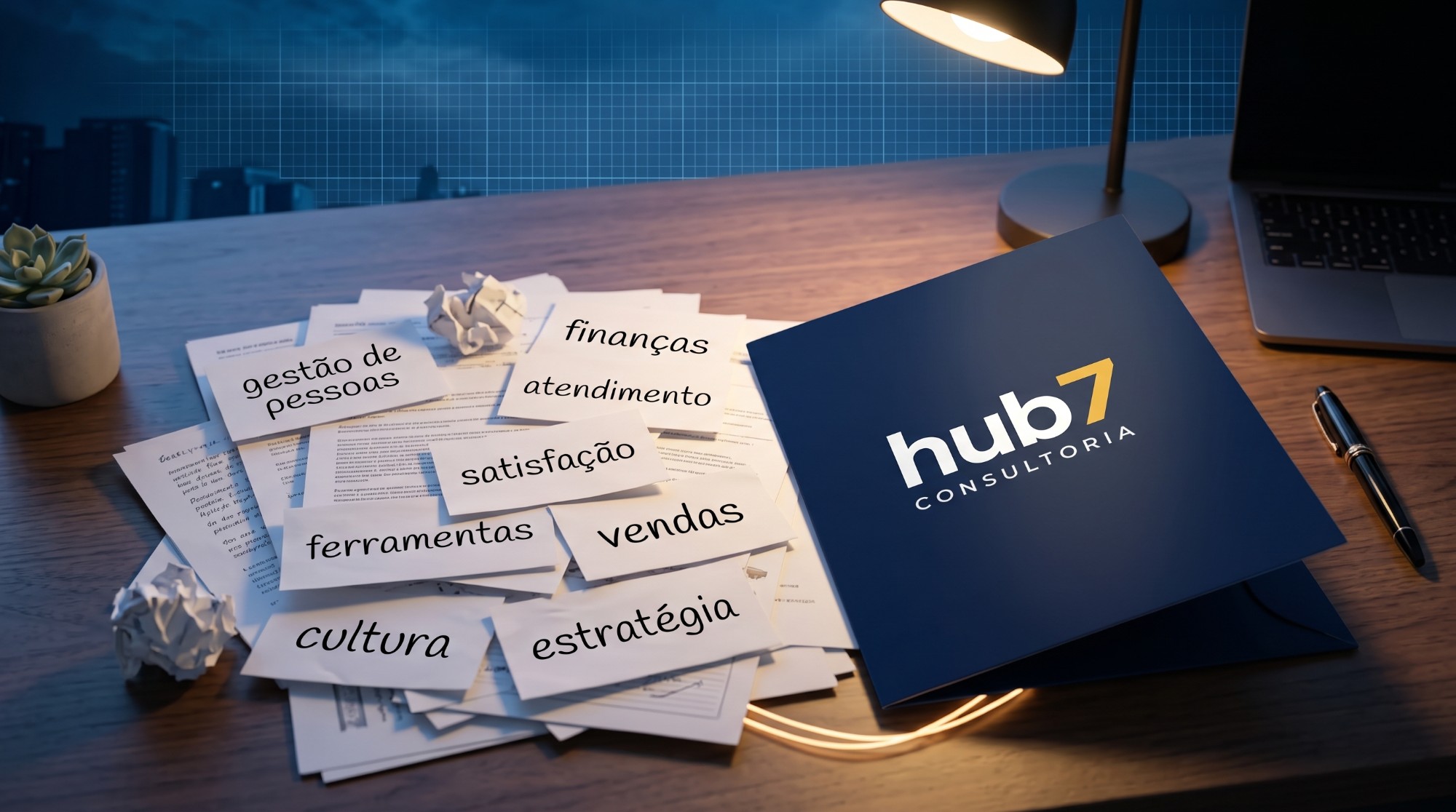 Mesa com anotações de gestão, finanças e estratégia ao lado da pasta hub7