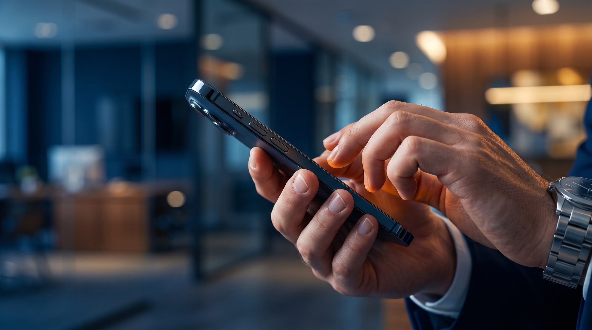 Executivo digitando no celular em escritório moderno